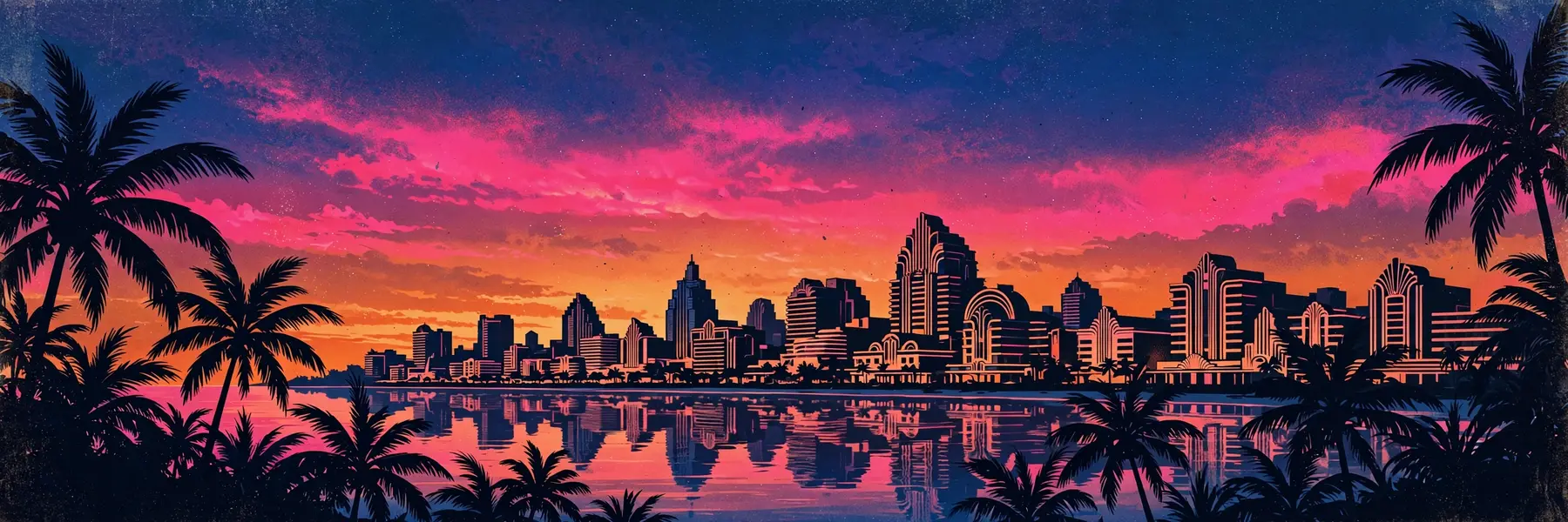 Neon-sunset fan illustration of a tropical coastal city with palm silhouettes